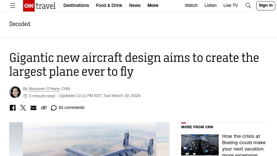 Screenshot of cnn.com: Gigantic new aircraft design aims to create the largest plane ever to fly
