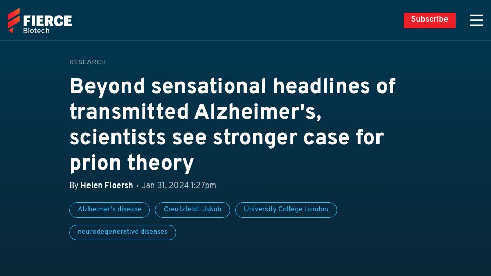 Screenshot of fiercebiotech.com: Beyond headlines of transmitted Alzheimer's, scientists see case for prions