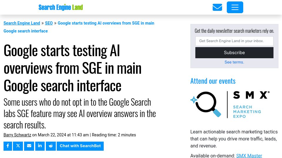 Screenshot of searchengineland.com: Google will start showing AI-powered search results for users who didn't opt-in