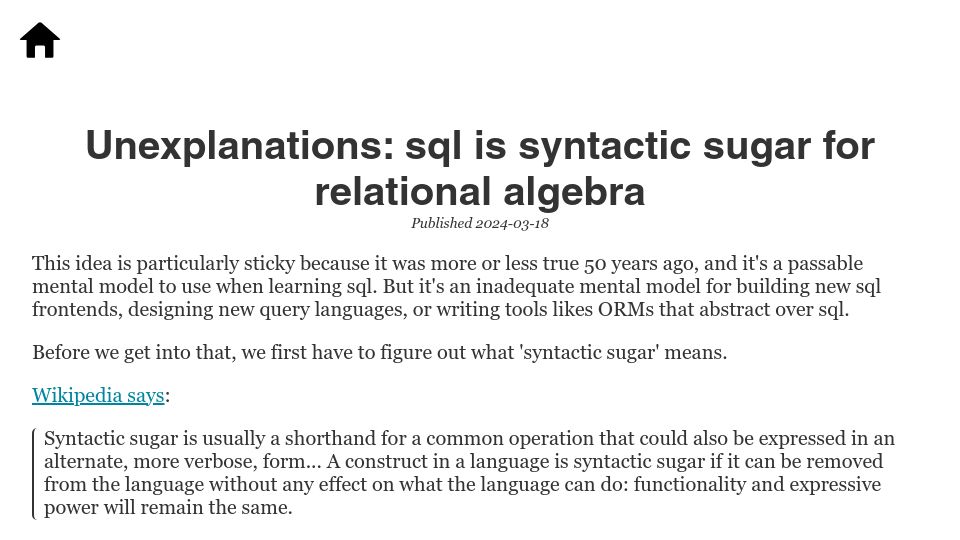 Screenshot of scattered-thoughts.net: SQL is syntactic sugar for relational algebra