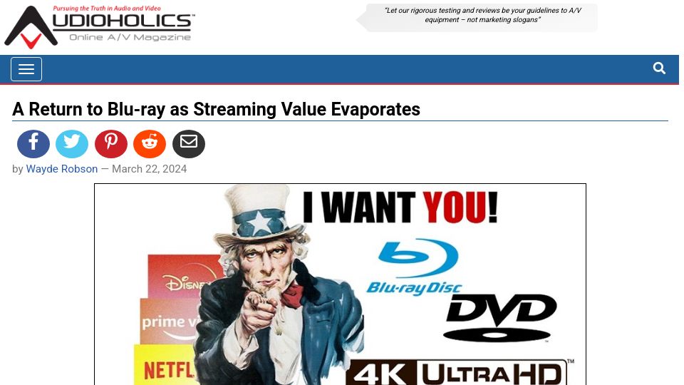 Screenshot of audioholics.com: A Return to Blu-ray as Streaming Value Evaporates