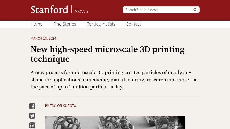Screenshot of news.stanford.edu: High-speed microscale 3D printing