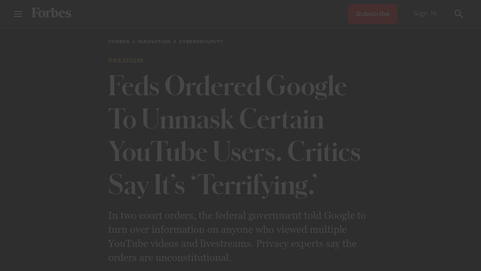 Screenshot of forbes.com: Google Ordered to Identify Who Watched Certain YouTube Videos