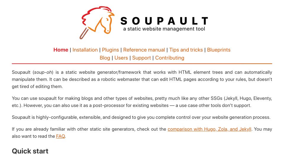 Screenshot of soupault.app: Soupault: A static website management tool