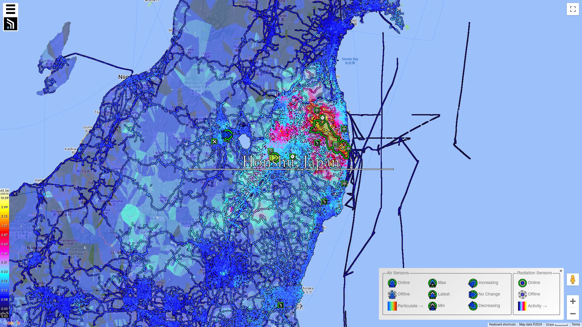 Screenshot of map.safecast.org: Safecast Open Radiation and Air Quality Map