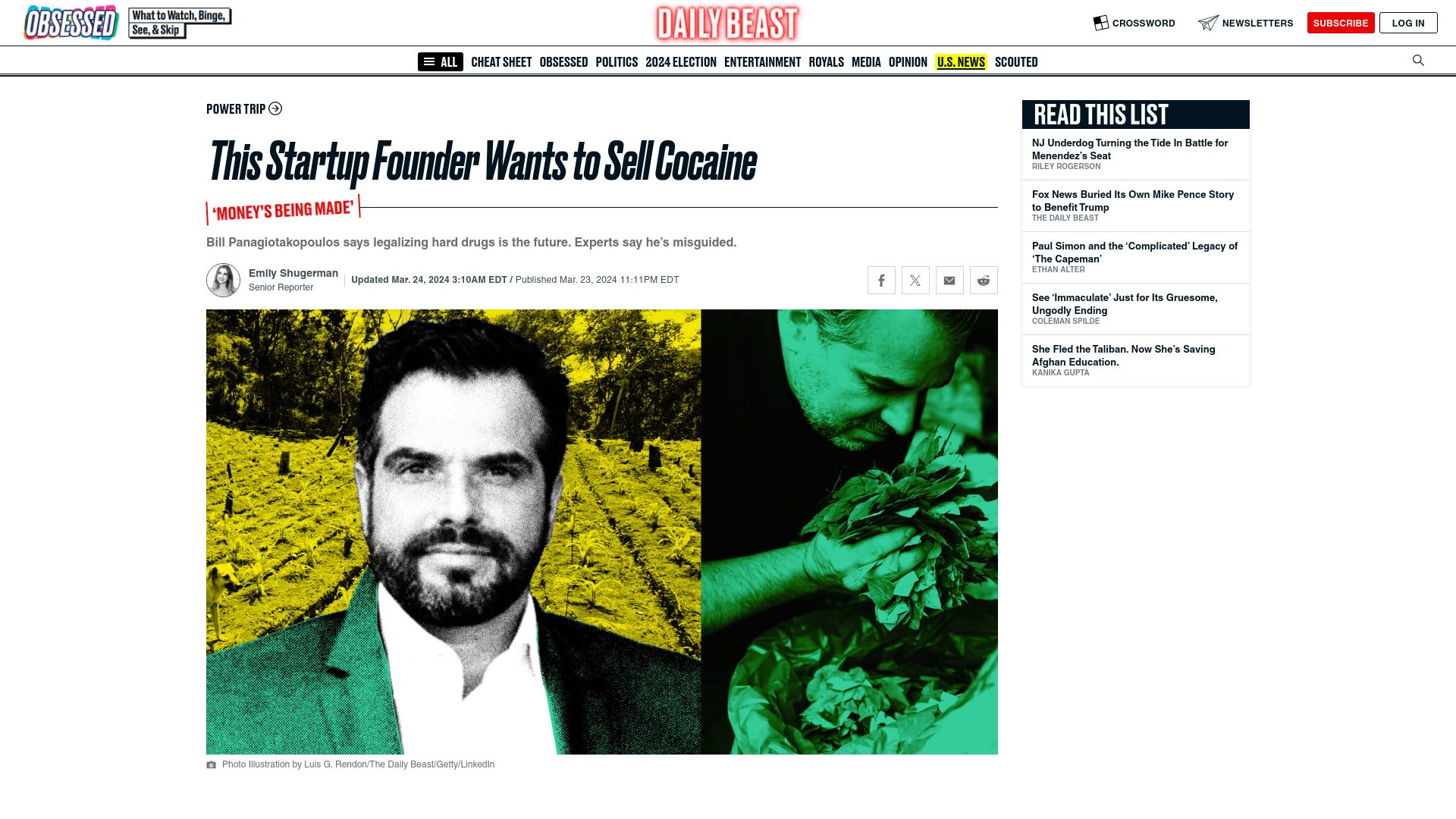 Screenshot of thedailybeast.com: Startup Founder Wants to Sell Cocaine