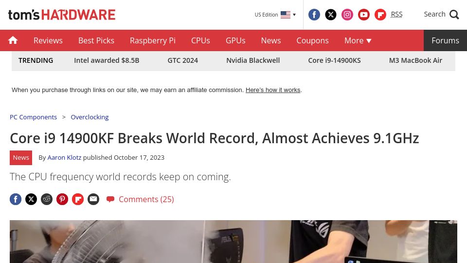 Screenshot of tomshardware.com: Core I9 14900KF Breaks World Record, Almost Achieves 9.1GHz (2023)