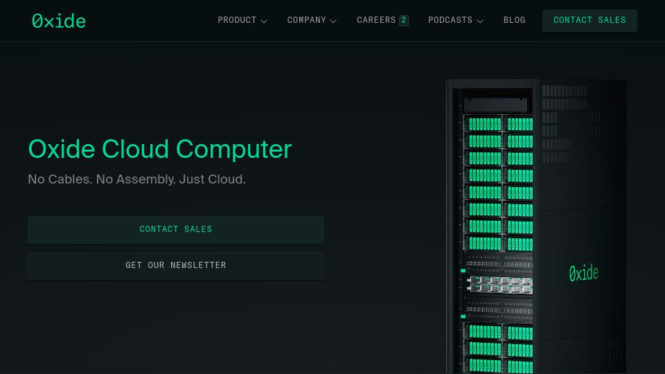 Screenshot of oxide.computer: Oxide Cloud Computer. No Cables. No Assembly. Just Cloud