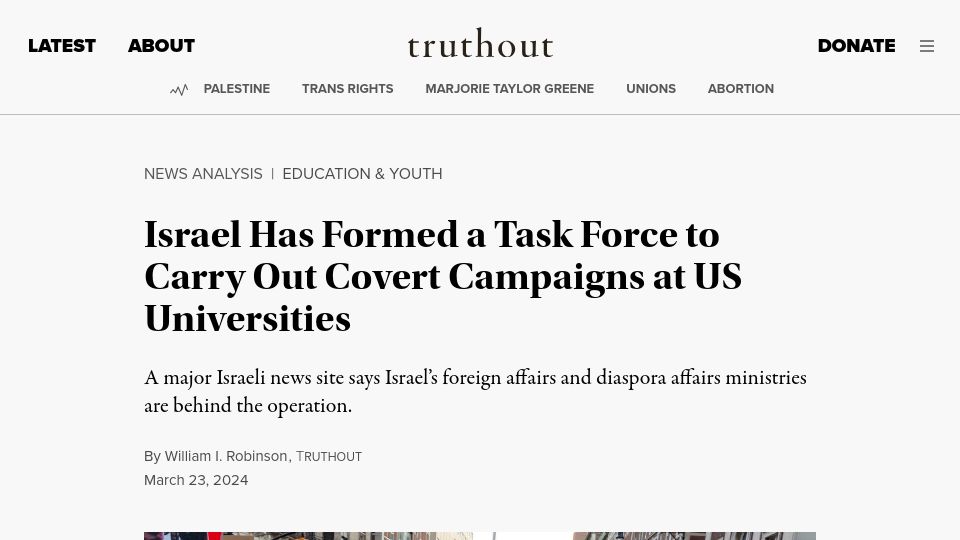 Screenshot of truthout.org: Israel Has Formed a Task Force to Carry Out Covert Campaigns at US Universities