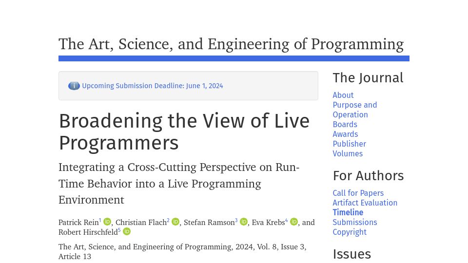 Screenshot of programming-journal.org: Broadening the View of Live Programmers
