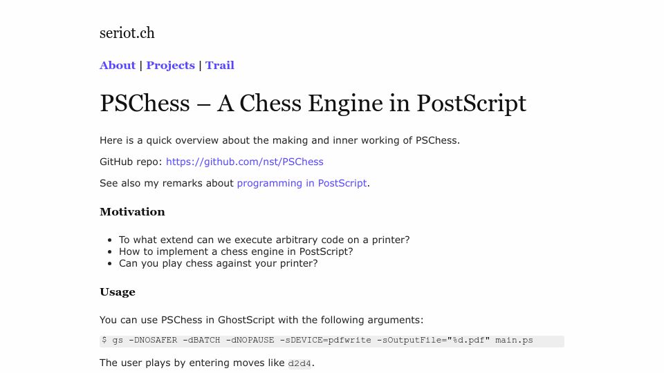 Screenshot of seriot.ch: PSChess – A chess engine in PostScript
