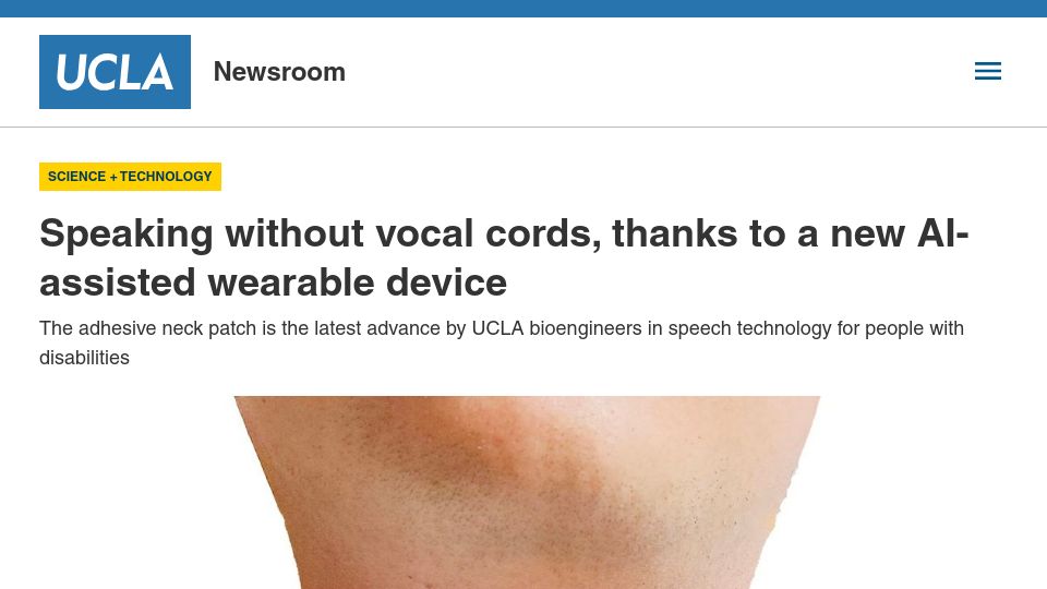 Screenshot of newsroom.ucla.edu: Speaking without vocal cords, thanks to a new AI-assisted wearable device