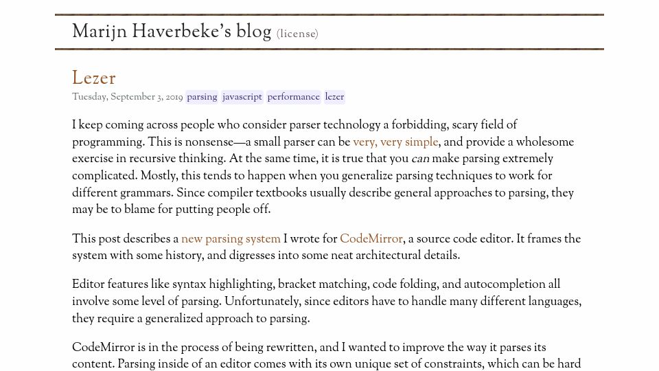 Screenshot of marijnhaverbeke.nl: Lezer: A parsing system for CodeMirror, inspired by Tree-sitter