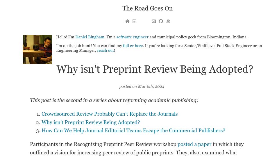 Screenshot of theroadgoeson.com: Why isn't preprint review being adopted?