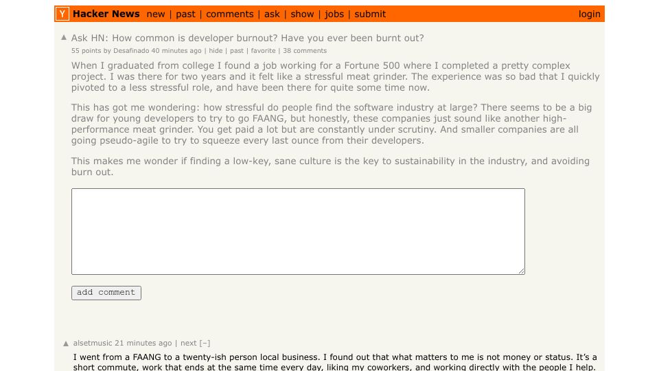 Screenshot of Hacker News post: Ask HN: How common is developer burnout? Have you ever been burnt out?