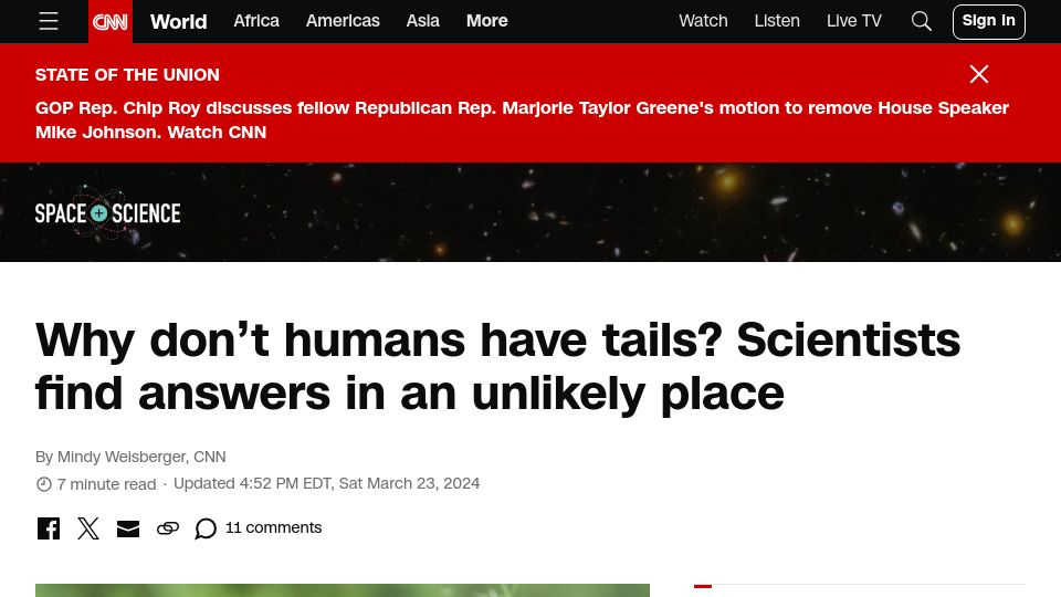 Screenshot of cnn.com: Scientists have traced human tail loss to a short sequence of genetic code