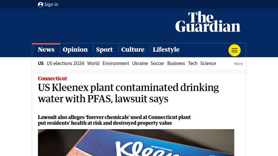 Screenshot of theguardian.com: US Kleenex plant contaminated drinking water with PFAS, lawsuit says