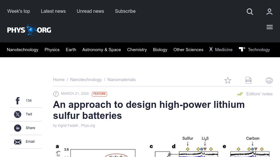Screenshot of phys.org: An approach to design high-power lithium sulfur batteries