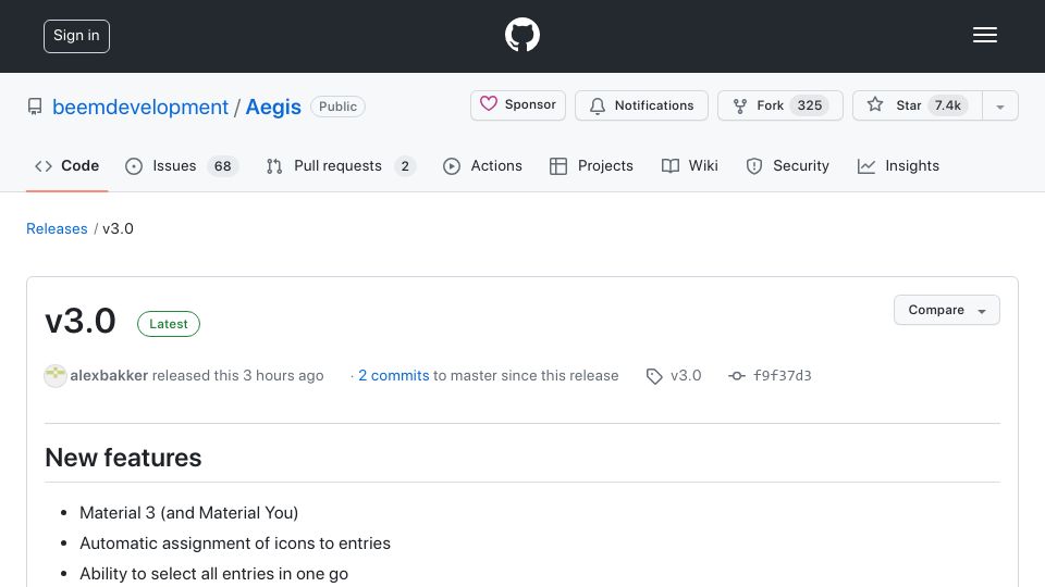 Screenshot of github.com: Aegis v3.0 – a free, secure and open source 2FA app for Android
