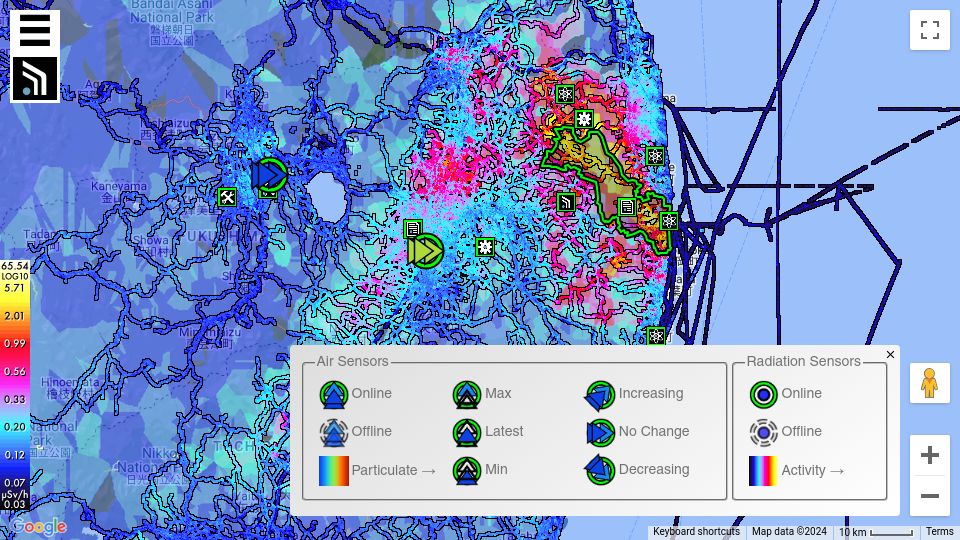 Screenshot of map.safecast.org: Safecast Open Radiation and Air Quality Map
