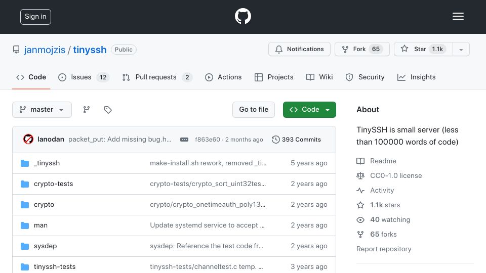 Screenshot of github.com: TinySSH is a small SSH server using NaCl, TweetNaCl