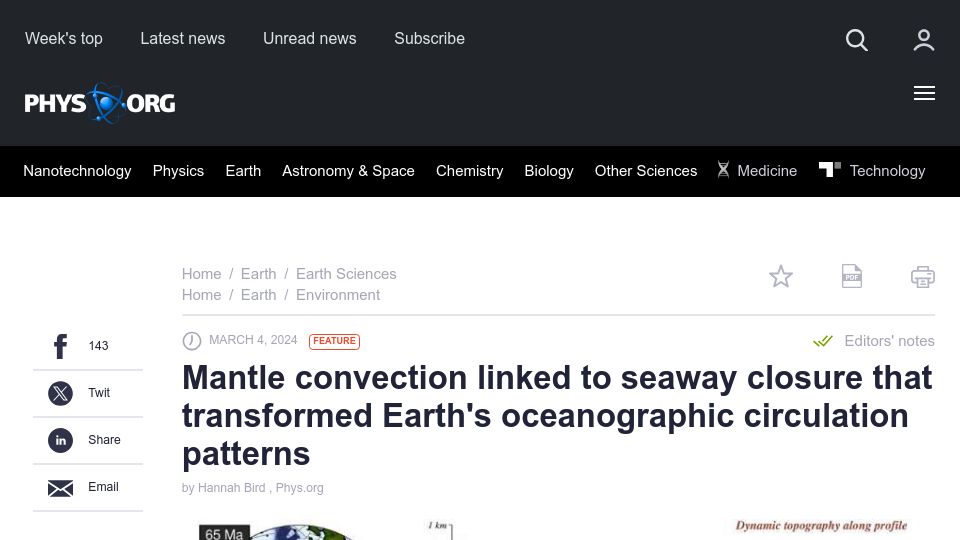 Screenshot of phys.org: Mantle convection –> seaway closure that transformed oceanographic circulation