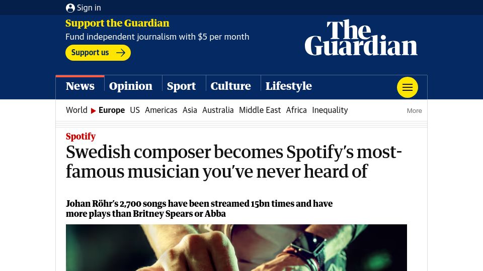Screenshot of theguardian.com: Swedish composer becomes Spotify's most-famous musician you've never heard of