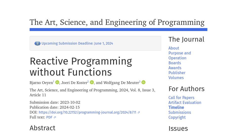Screenshot of programming-journal.org: Reactive Programming Without Functions