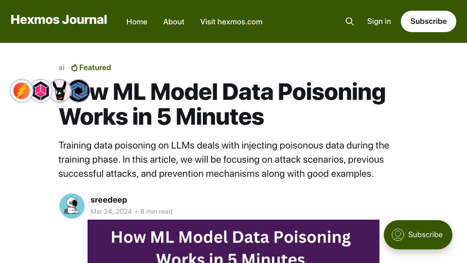 Screenshot of journal.hexmos.com: How ML Model Data Poisoning Works in 5 Minutes