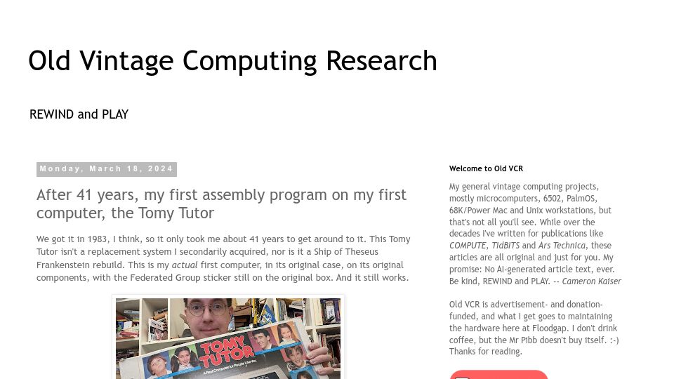 Screenshot of oldvcr.blogspot.com: After 41 years, my first assembly program on my first computer, the Tomy Tutor