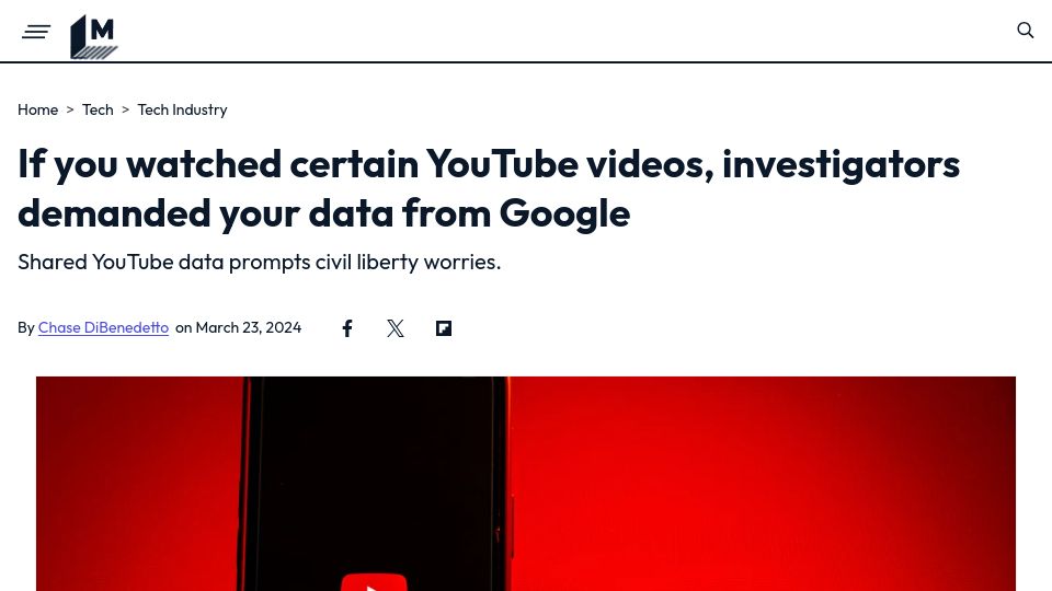 Screenshot of mashable.com: If you watched certain YouTube videos, investigators demanded your data