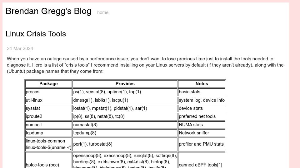 Screenshot of brendangregg.com: Linux Crisis Tools