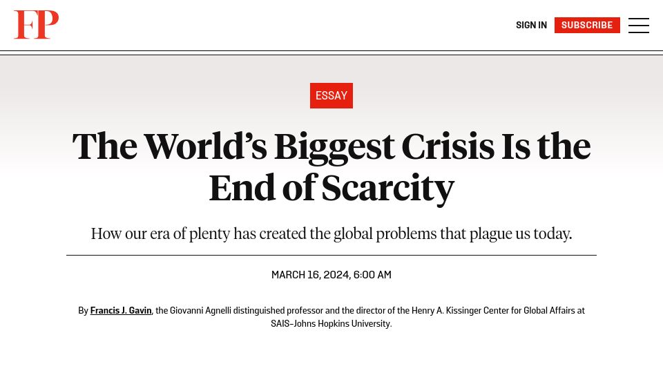 Screenshot of foreignpolicy.com: The biggest crisis is the end of scarcity