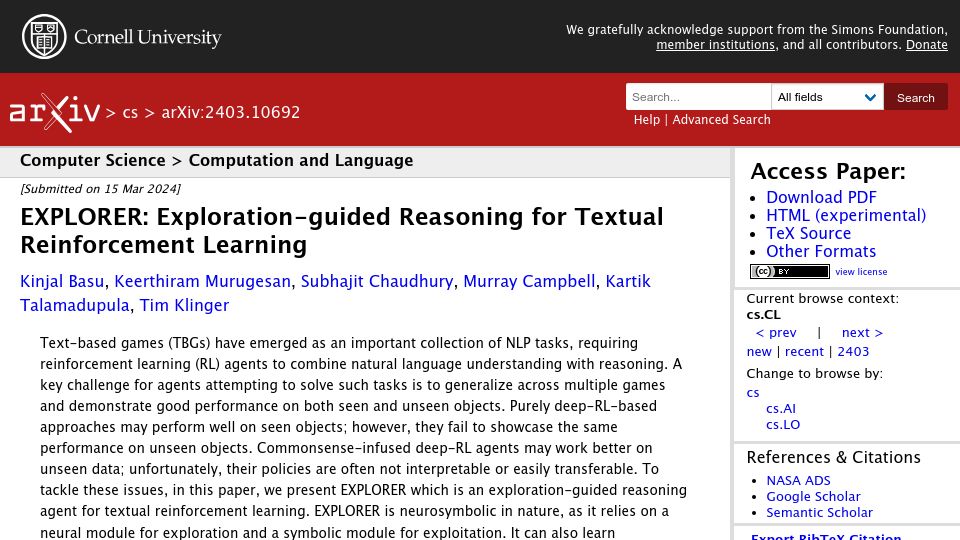 Screenshot of arxiv.org: Explorer: Exploration-Guided Reasoning for Textual Reinforcement Learning