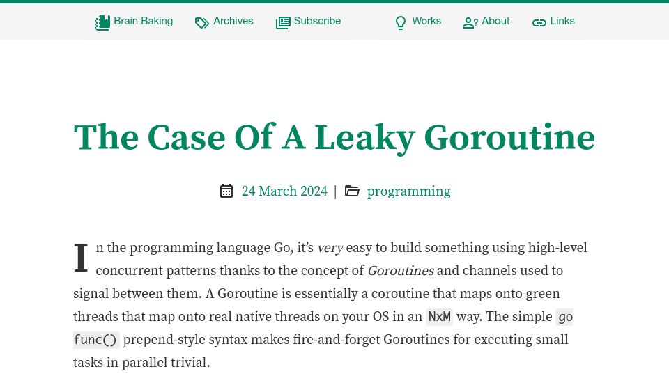 Screenshot of brainbaking.com: The case of a leaky goroutine