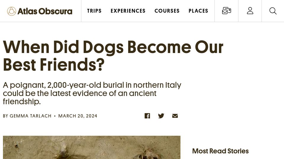 Screenshot of atlasobscura.com: When did dogs become our best friends?