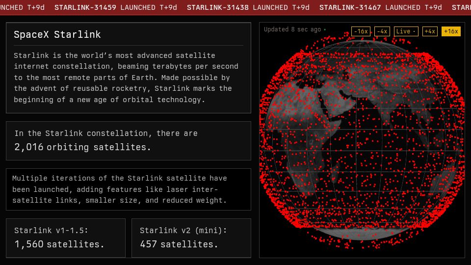 Screenshot of starlinkmap.org: Real-time map of every Starlink satellite in orbit