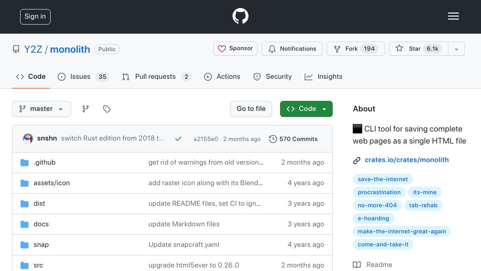 Screenshot of github.com: Monolith – CLI tool for saving complete web pages as a single HTML file