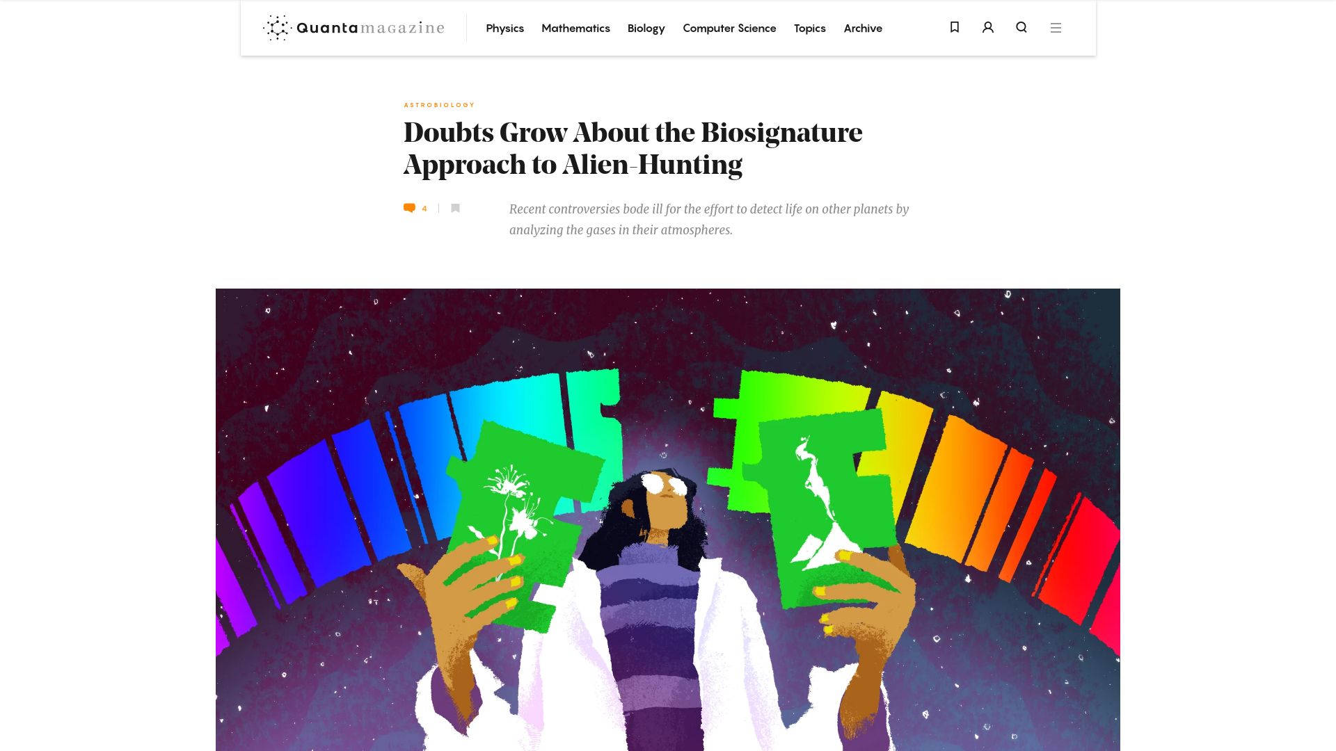 Screenshot of quantamagazine.org: Doubts grow about the biosignature approach to alien-hunting