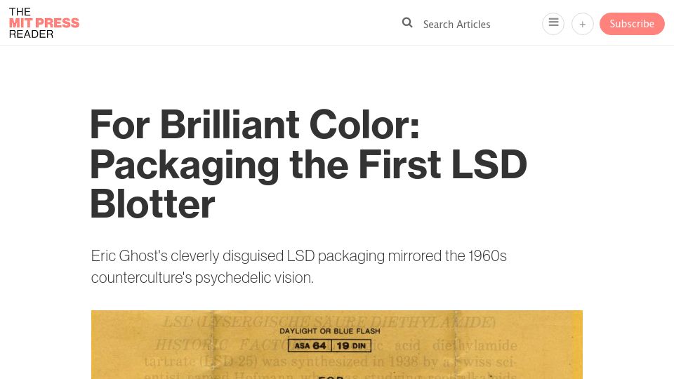 Screenshot of thereader.mitpress.mit.edu: For Brilliant Color: Packaging the First LSD Blotter