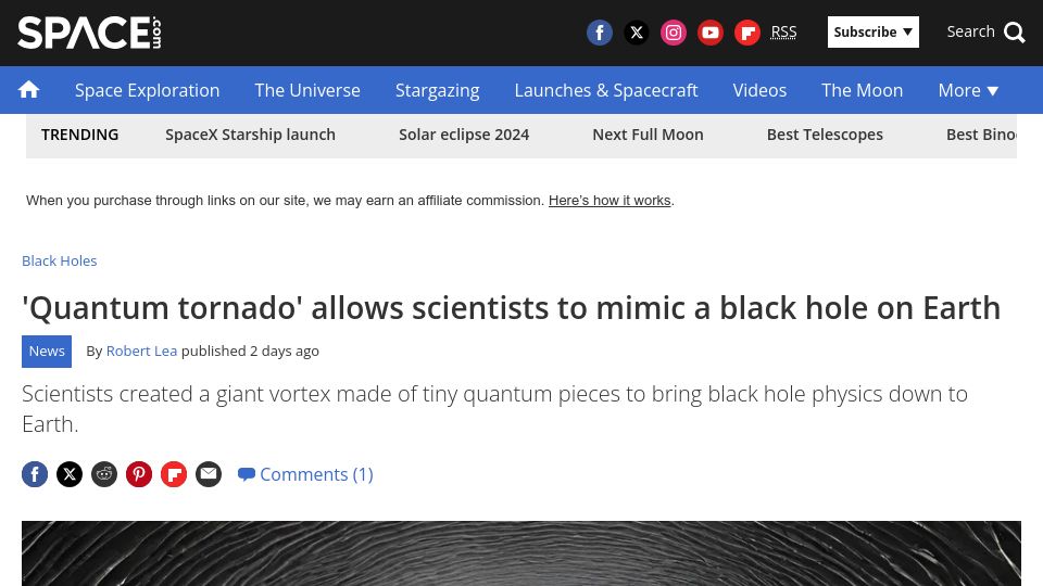 Screenshot of space.com: 'Quantum tornado' allows scientists to mimic a black hole on Earth