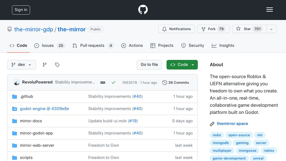 Screenshot of github.com: The Mirror (Godot bashed game engine)
