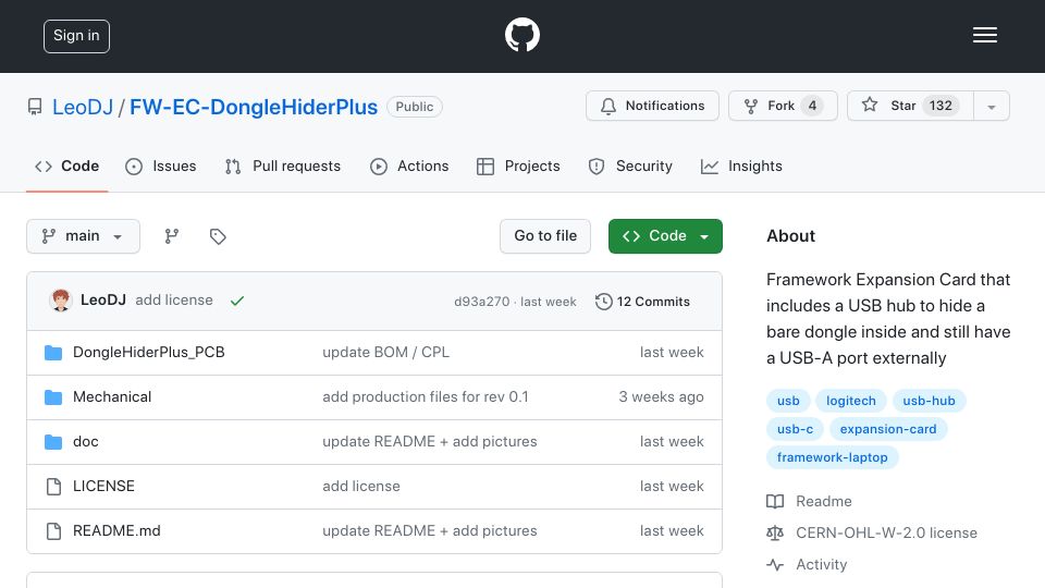 Screenshot of github.com: DongleHider+ Framework Laptop Expansion Card