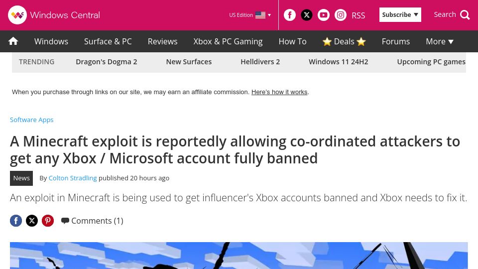 Screenshot of windowscentral.com: Minecraft exploit is allowing attackers to get any Xbox/MS account banned