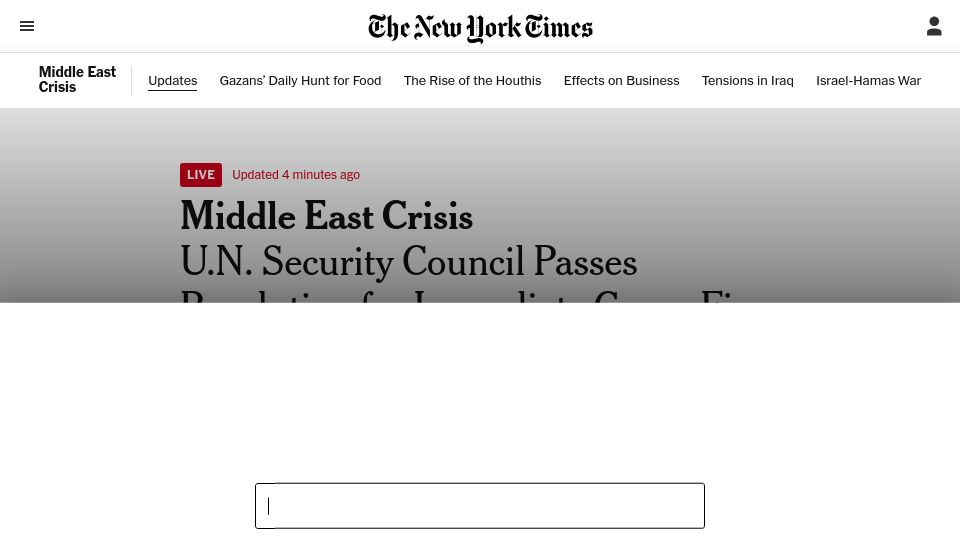 Screenshot of nytimes.com: UN Security Council Passes Ceasefire Resolution