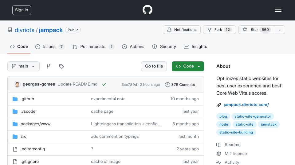 Screenshot of github.com: Show HN: Jampack – Optimizes static websites as a post-processing step