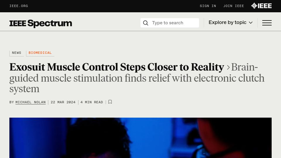 Screenshot of spectrum.ieee.org: Exosuit muscle control steps closer to reality