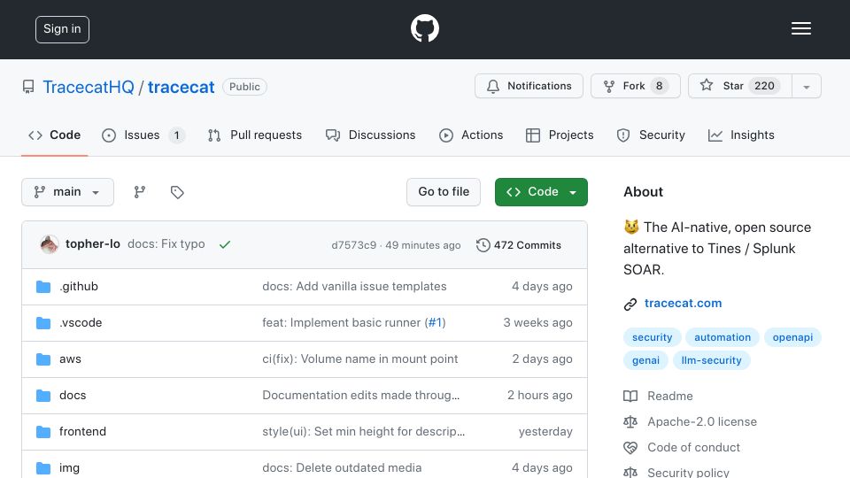 Screenshot of github.com: Show HN: Tracecat – Open-source security alert automation / SOAR alternative