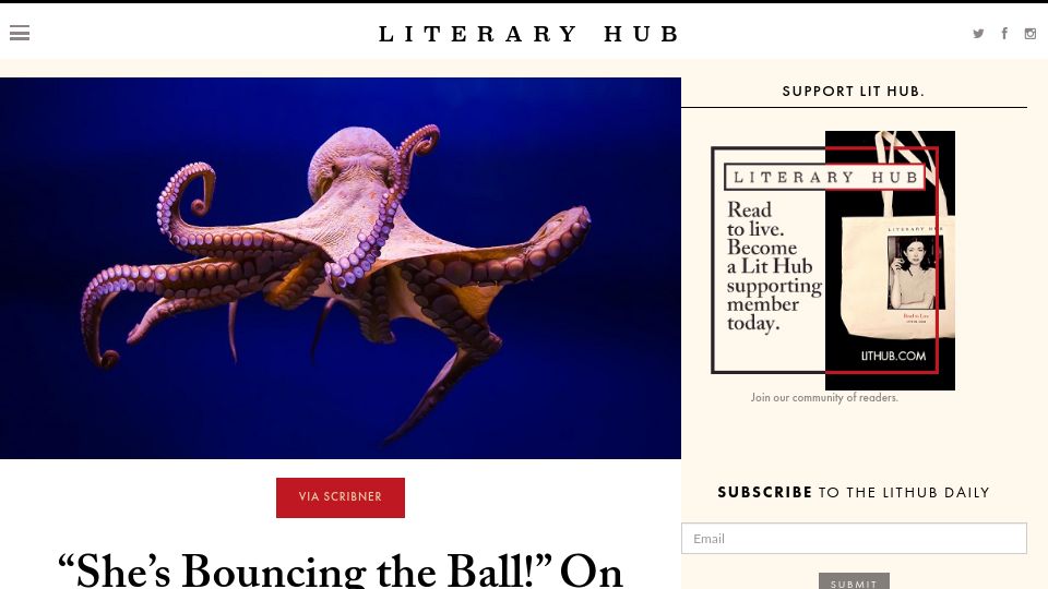 Screenshot of lithub.com: "She's bouncing the ball" – the uncanny way octopuses play