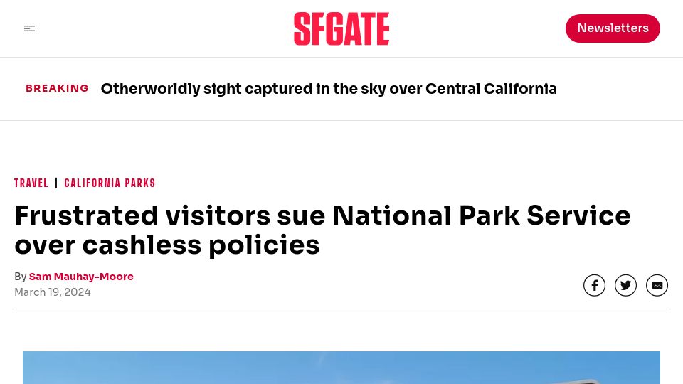 Screenshot of sfgate.com: Frustrated visitors sue National Park Service over cashless policy